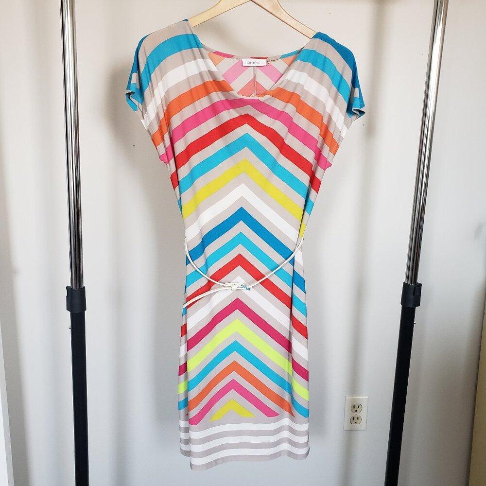 Calvin Klein Chevron Stripe Drape Neck Dress with Belt